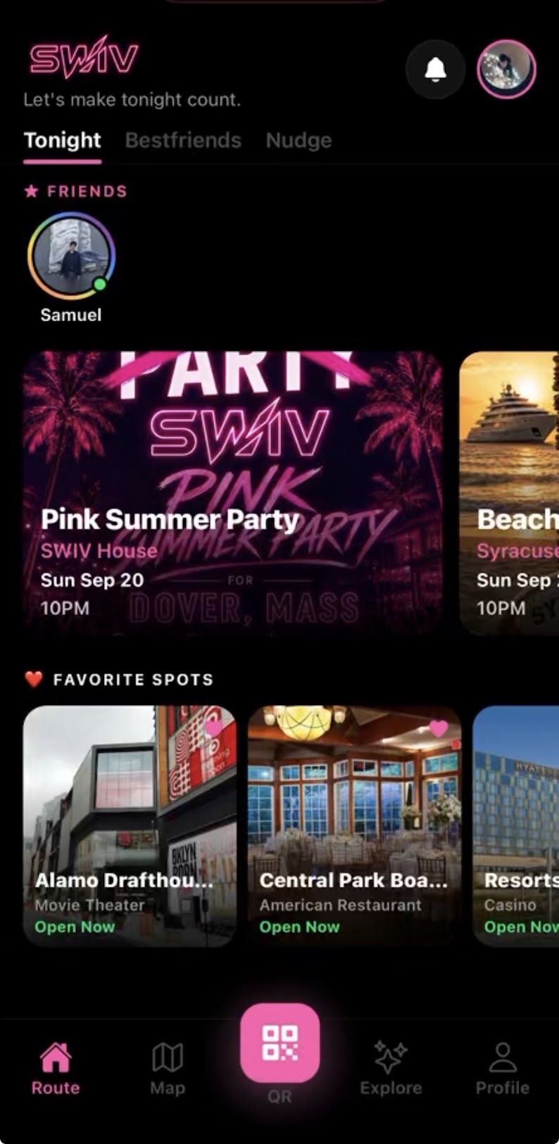 SWIV app home screen showing friends, nightlife events, and favorite spots